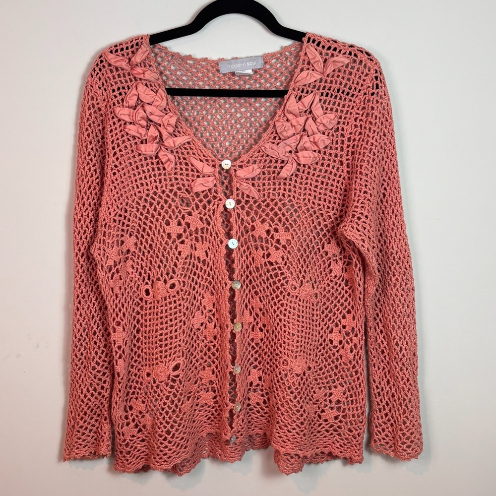 Modern Soul Womens‎ Linen Cotton Crochet Open Knit Cardigan Flower Detail sz 1X